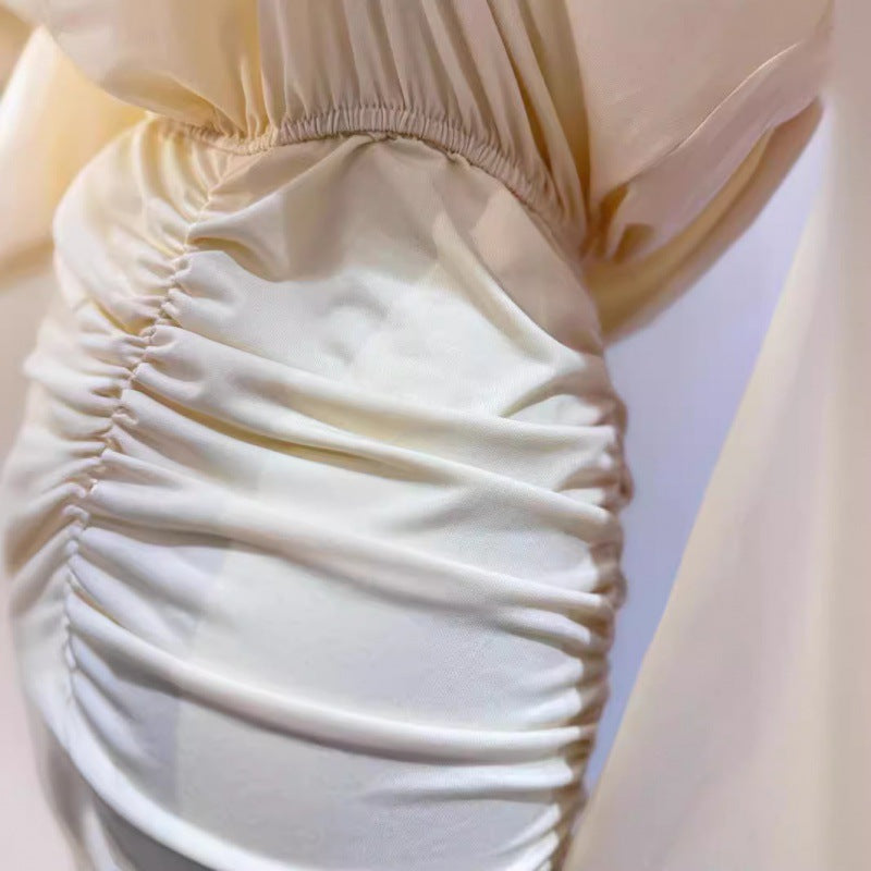 Wrinkled collar pleated waist bag hip dress
