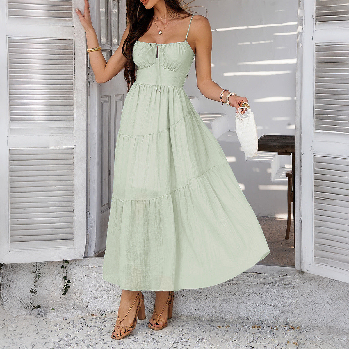 Solid color high waisted camisole dress for dinner party